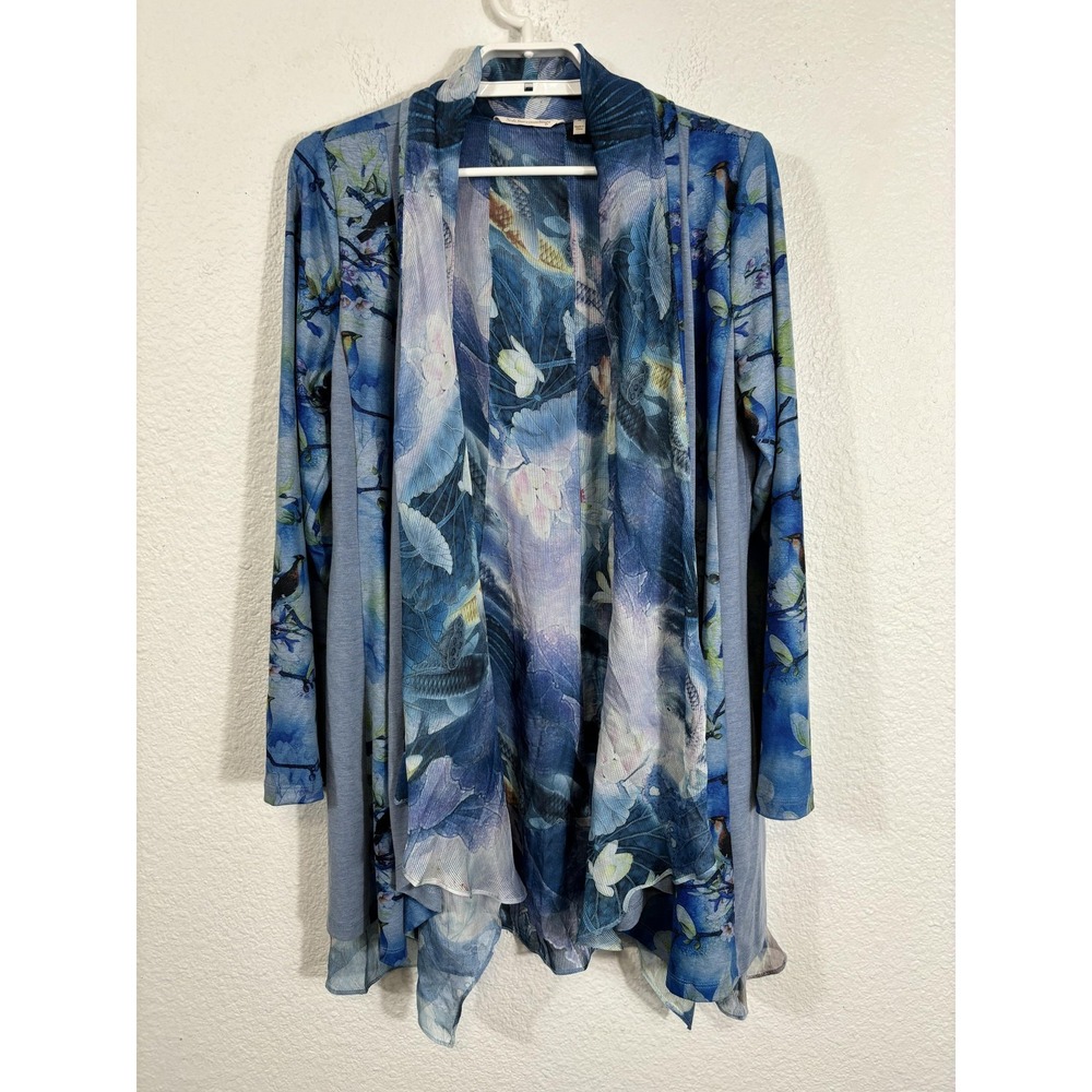 Soft Surroundings Cardigan Womens Medium Blue Bird Floral Watercolor Open Front